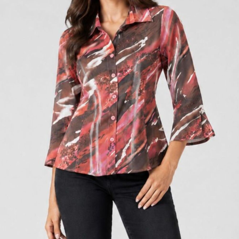 Y2k‎ 90s Red Abstract Shimmer Button Down Blouse Size Medium